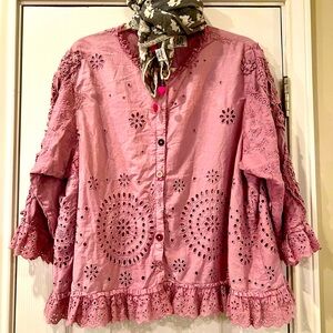 OOAK Magnolia Pearl eyelet button front top in lavender.